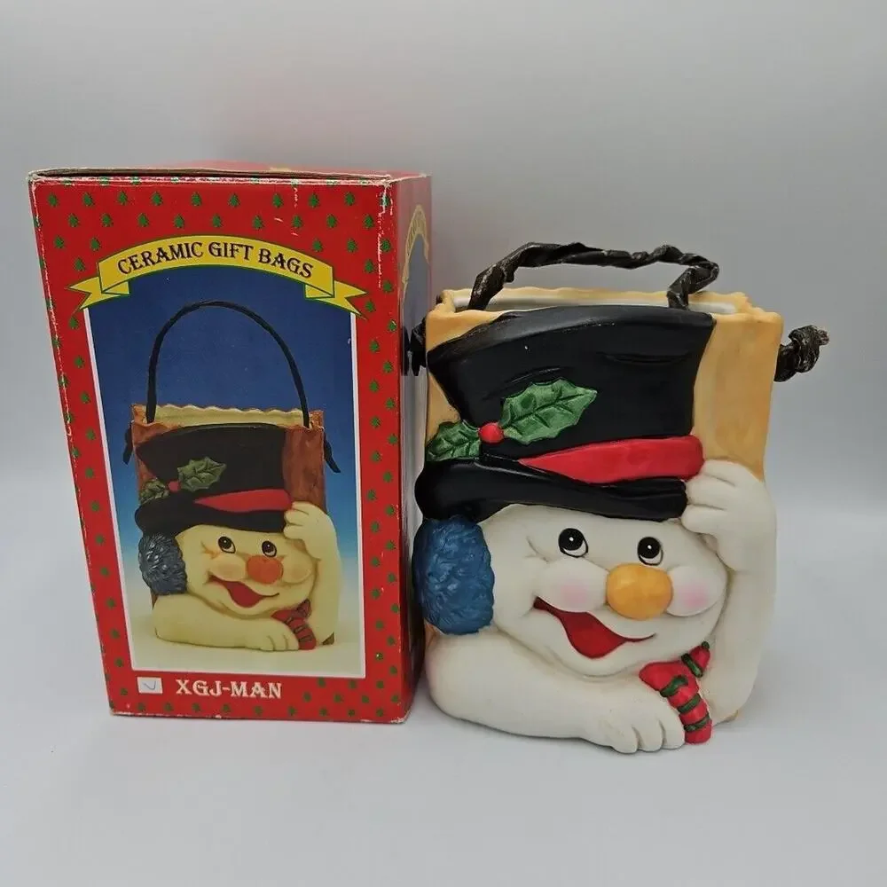 Vintage Ceramic Christmas Decor Snowman Gift‎ Bag Ceramic Dish